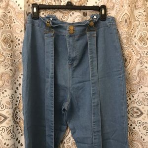 Blue jeans Bell bottom legs with suspenders